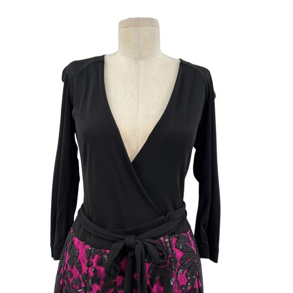 Diane Von Furstenberg Jewel Wrap‎ Dress Floral Embroidered Black Pink Size 8 - Picture 3 of 12